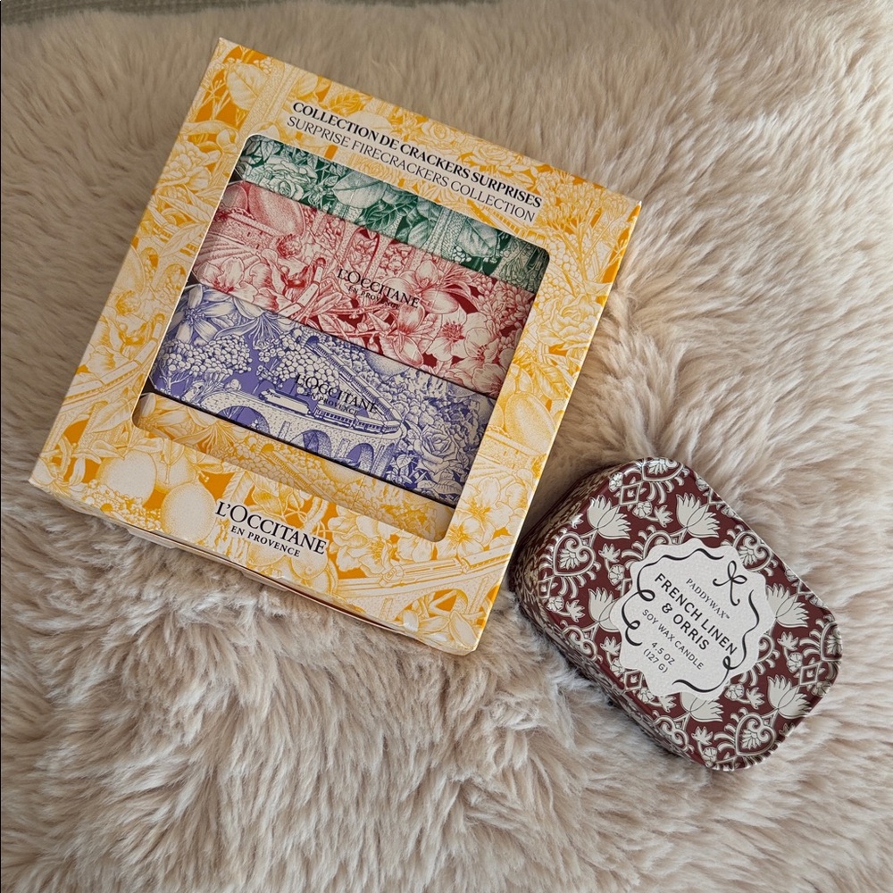 L'OCCITANE Surprise Firecrackers Collection & Paddywax French Linen & Orris Soy